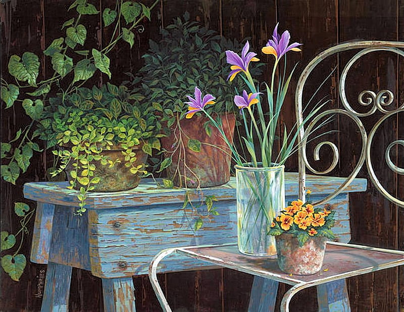 Irises, painting, flowers, chair, workbench, artwork, HD wallpaper