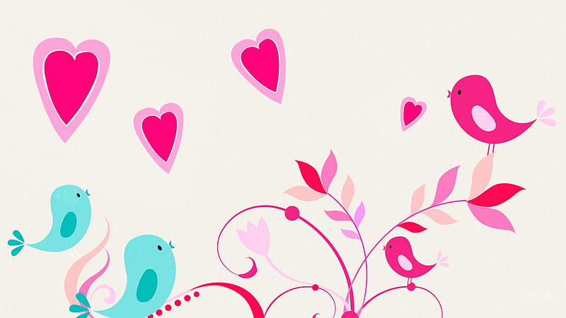 Blue Bird Pink Bird, valentines day, birds, love birds, corazones, cute, tree, leaves, limbs, whimsical, HD wallpaper