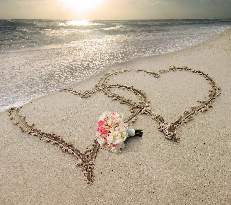 Love, beach, flowers, corazones, romance, sea, sunset, wedding, HD wallpaper