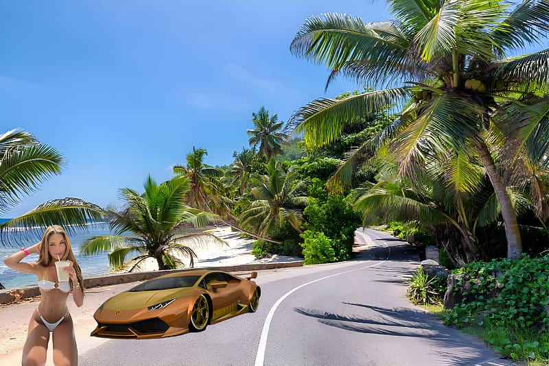 Lexi Rivera Bikini and the Lamborghini Huracan in the Tropical Beach, Car, Bikini, Sunshine, Tropical, Lexi Rivera, Exotic, Lamborghini, Summer, Exotic Car, Lamborghini Huracan, Sun, Coast, Juice, Beach, HD wallpaper
