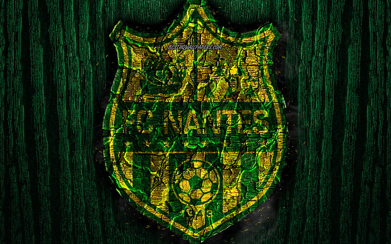 FC Nantes, scorched logo, Ligue 1, green wooden background, french football club, Nantes FC, grunge, football, soccer, Nantes logo, fire texture, France, HD wallpaper