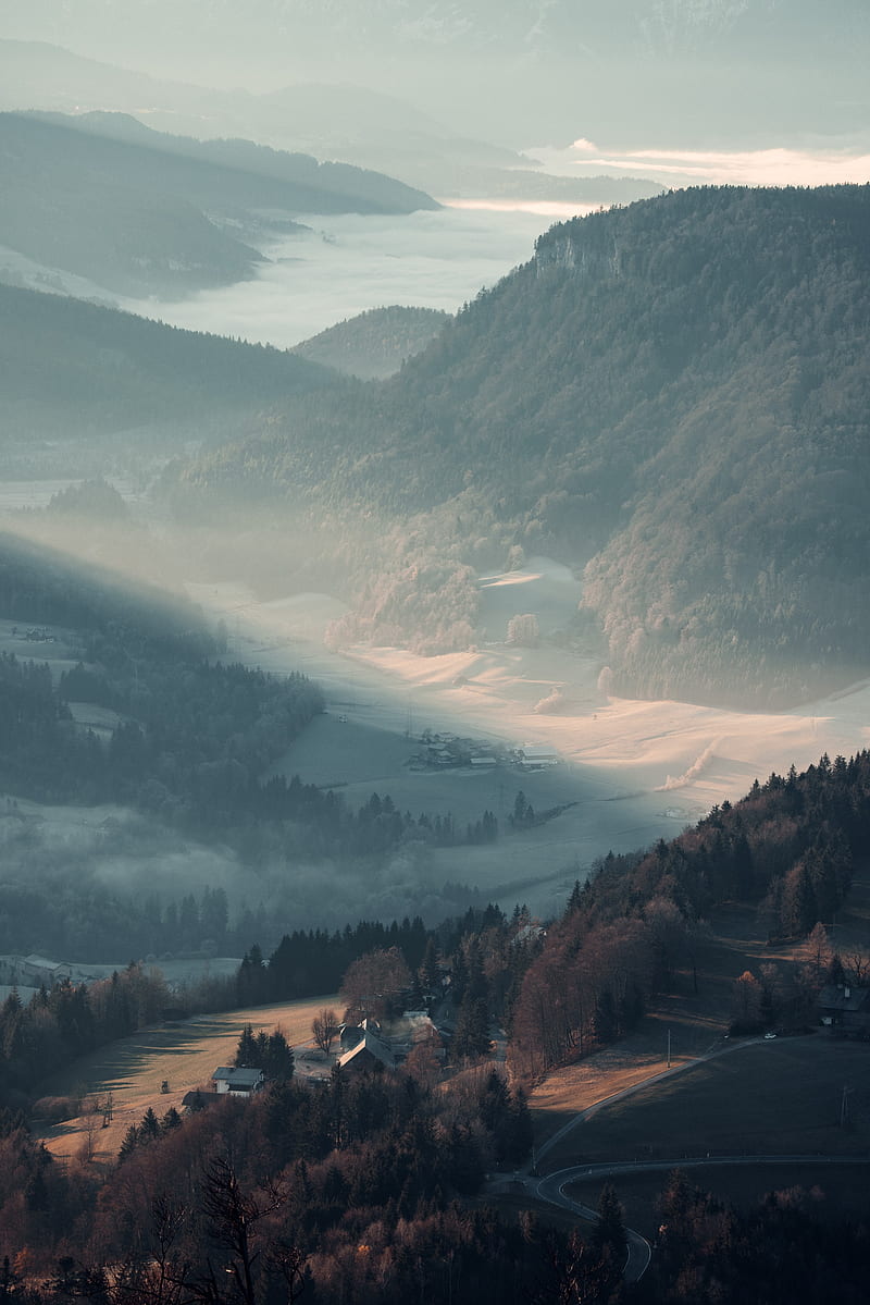 mountains, valley, fog, aerial view, landscape, HD phone wallpaper