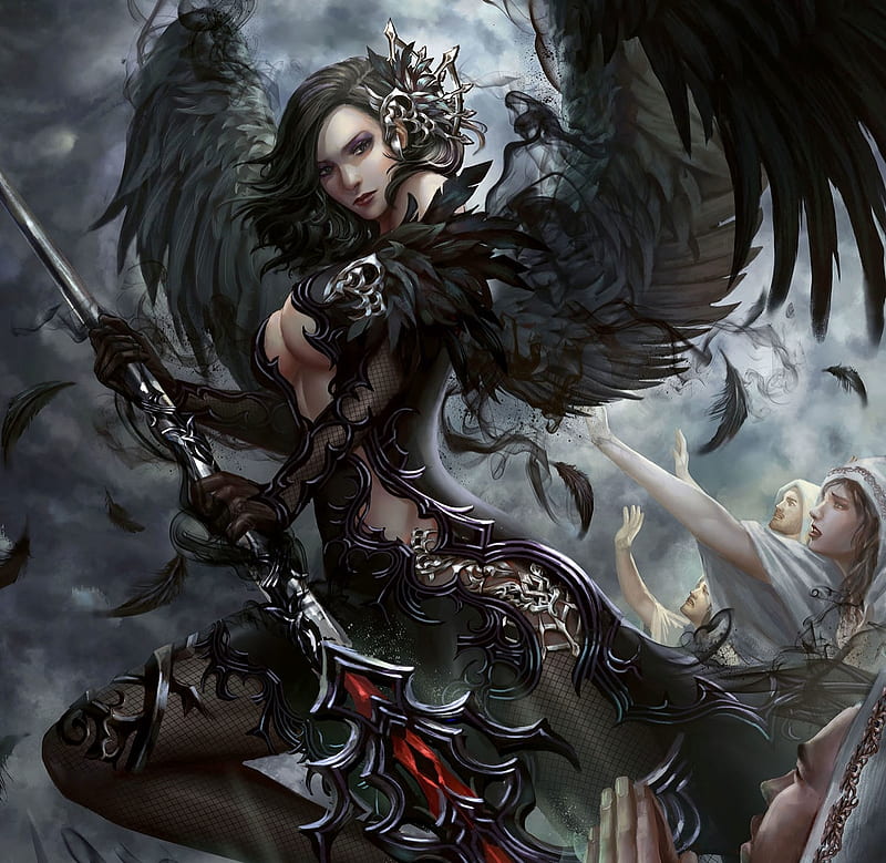 Lady Crow, fantasy woman, female, wings, dress, black, bonito, abstract ...