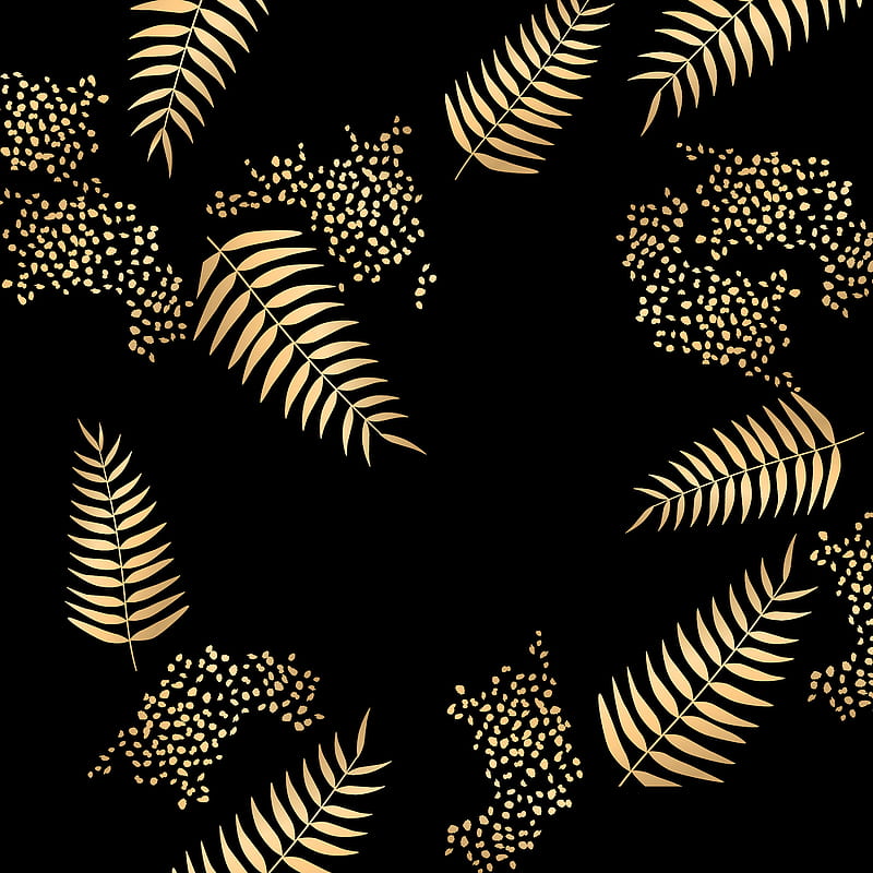 golden leaves on black, black, desenho, dots, gold, leaves, nature, pattern, HD phone wallpaper