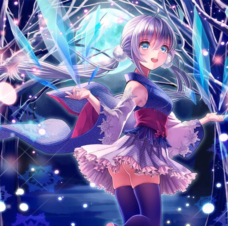 Snow Maiden, pretty, sparks, magic, sweet, nice, anime, anime girl, long hair, female, lovely, winter, flakes, girl, snow, snowflakes, magical, crystal, HD wallpaper