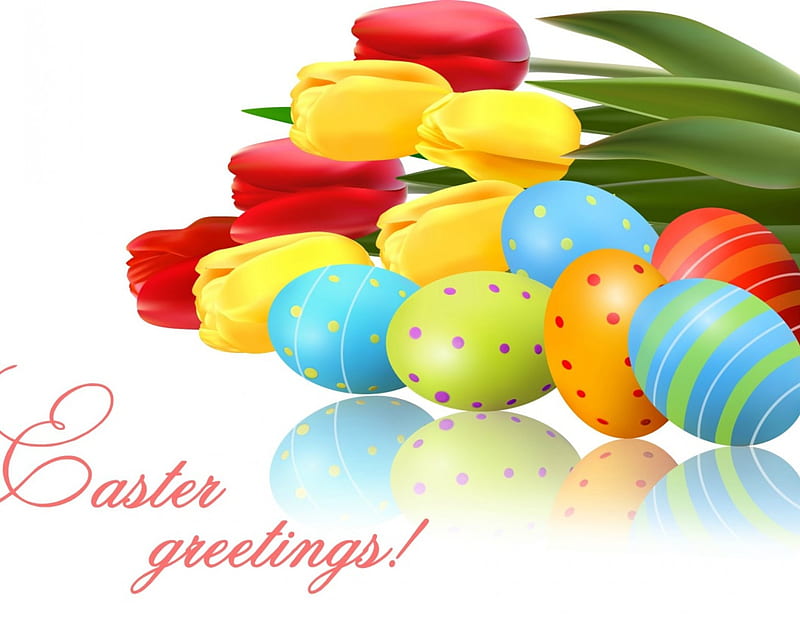 Easter Greetings, Easter, holiday, eggs, flowers, Spring, tulips, HD wallpaper