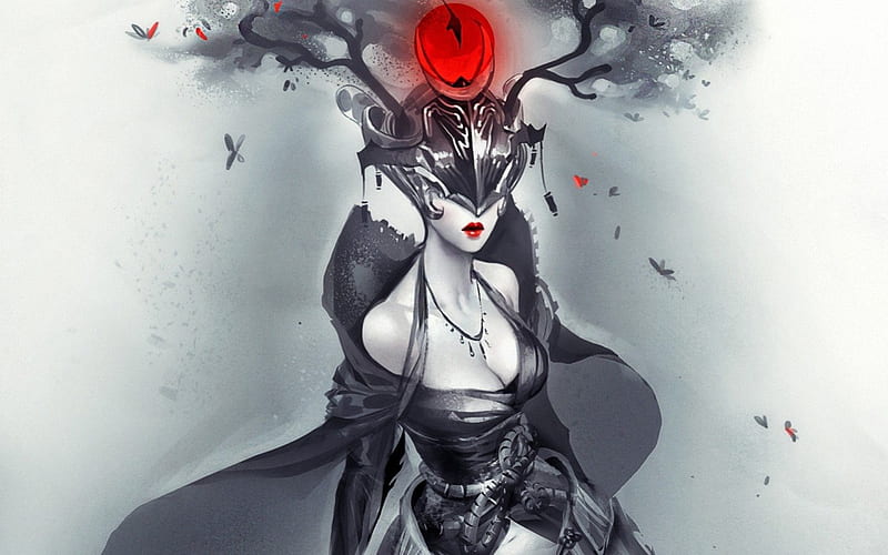 Fantasy girl by Sakimichan, red, art, dress, black, sakimichan, woman, hat, draw, fantasy, girl, helmet, white, HD wallpaper