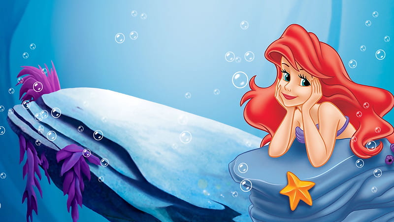 Ariel, red, underwater, little, luminos, movie, redhead, mermaid, starfish, sirena, fantasy, girl, summer, princess, disney, blue, HD wallpaper