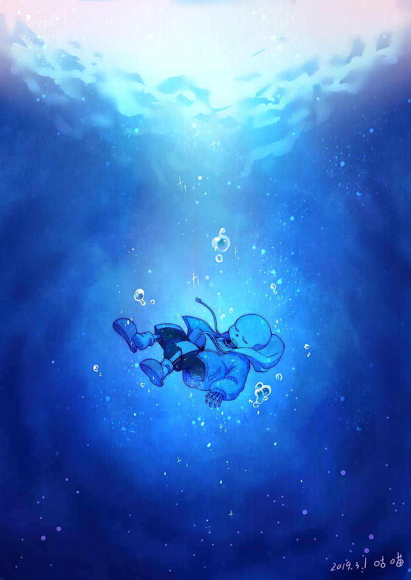 sans, underwater, closed eyes, undertale, artwork, bubbles, Anime, HD phone wallpaper