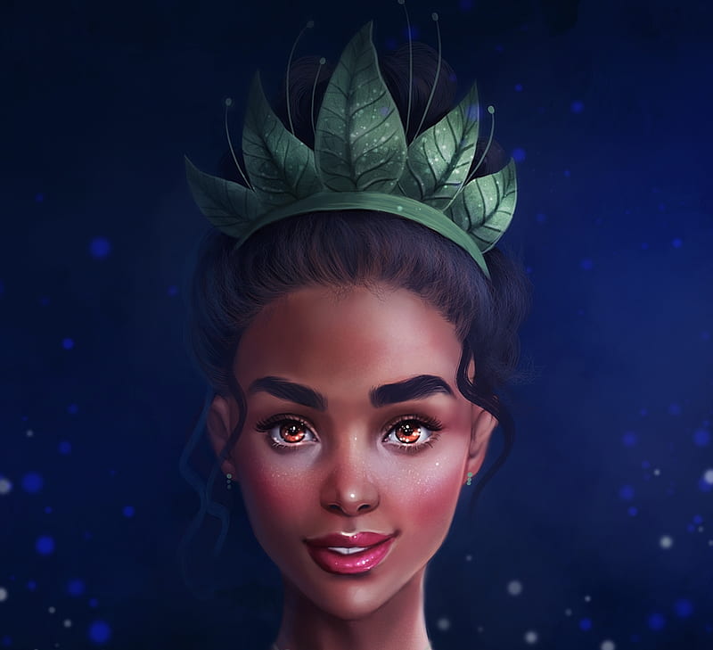 Tiana, fanart, art, luminos, sandra winther, fantasy, green, girl, sandramalie, face, disney, blue, HD wallpaper