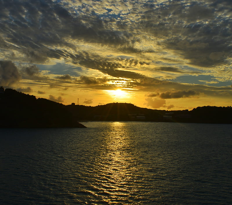 Antigua Sunset, island, mountain, ocean, sky, sun, yellow, HD wallpaper