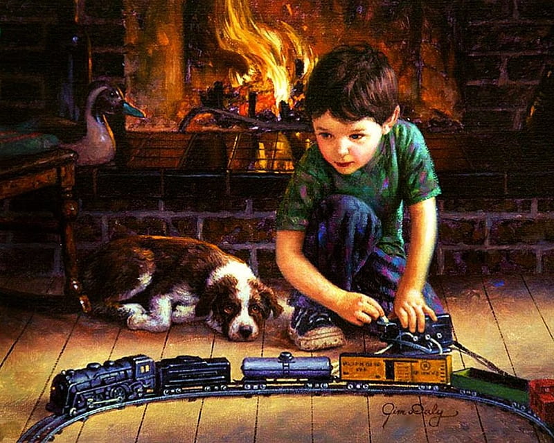 The Engineer, boy, train, painting, toy, railways, artwork, dog, HD wallpaper