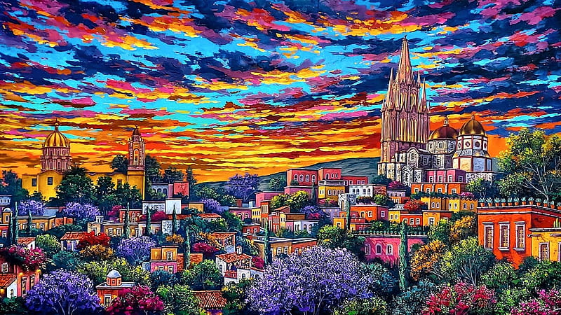 San Miguel Allende, church, houses, building, painting, colors, artwork, HD wallpaper