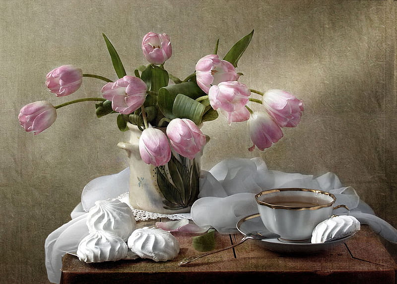 still life, bonito, old, tea, graphy, nice, flowers, drink, tulips, pink, tulip, harmony, elegantly, cool, bouquet, cup, flower, cakes, HD wallpaper