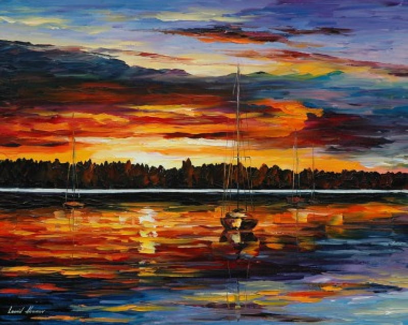 Leonid Afremow-reproduction, Leonid Afremow Lake, reproduction, sailboats, Sunset, HD wallpaper