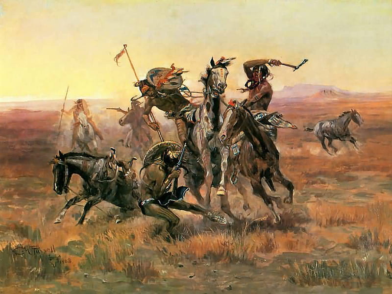 When Blackfoot And Sioux Meet, plains, native, skirmish, horses, HD wallpaper