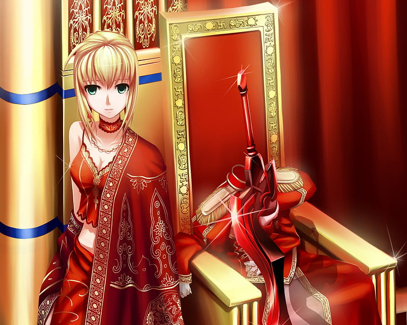 Red Saber, saber, dress, blond, green eyes, fate zero, robe, fate stay night, throne, blade, anime, hot, anime girl, weapon, long hair, sword, female, excalibur, gown, blonde, blonde hair, sexy, blond hair, cute, warrior, girl, fate extra, knight, HD wallpaper