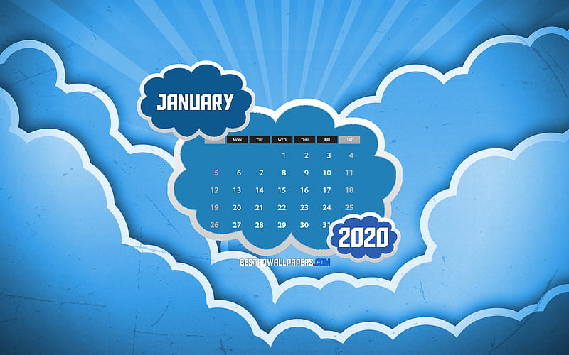 January 2020 Calendar blue clouds, winter, 2020 calendar, January 2020, creative, abstract clouds, January 2020 calendar with clouds, Calendar January 2020, blue background, 2020 calendars, HD wallpaper