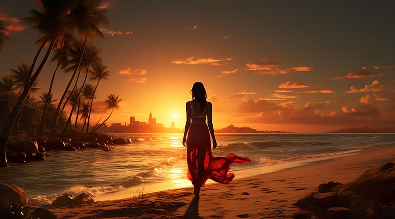 Lady Watching The Sunset Alone Ultra, Love, Sunrise, Beach, Girl, Summer, Sunset, Waiting, Tropical, Summertime, HD wallpaper
