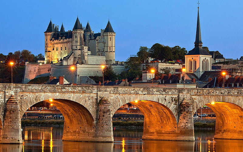Saumur Castle on the Loire River, France, France, Reflection, Castle, Bridge, HD wallpaper