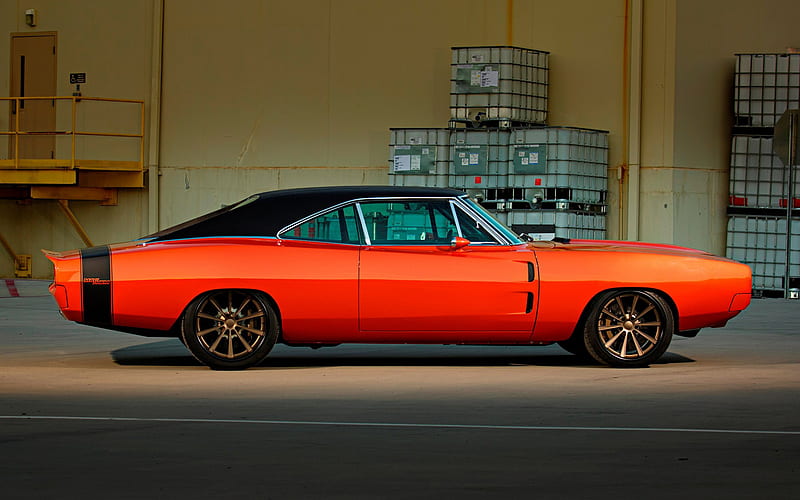 1970, Dodge Charger, 2-Door Coupe, side view, exterior, orange sports coupe, tuning Charger, retro cars, american cars, Dodge, HD wallpaper