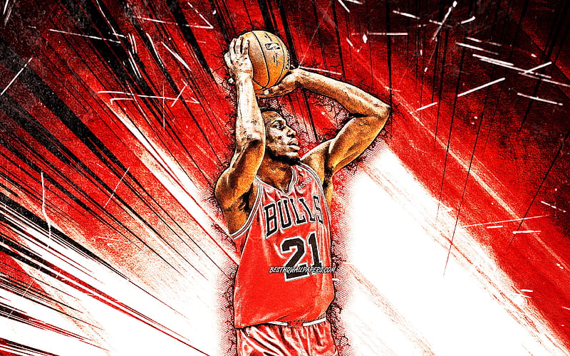 Thaddeus Young grunge art, dunk, Chicago Bulls, NBA, basketball, USA, Thaddeus Young Chicago Bulls, red abstract rays, creative, Thaddeus Young, HD wallpaper