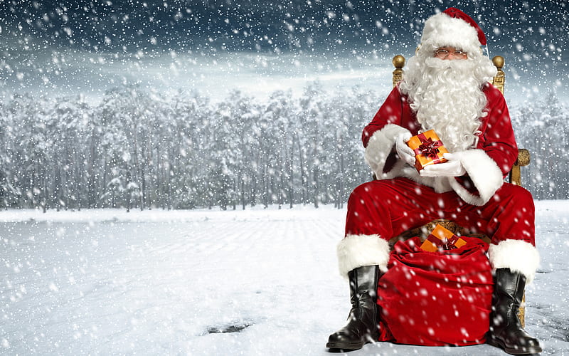 Santa Claus, bag with gifts, winter, snow, red suit, Christmas, New Year, HD wallpaper