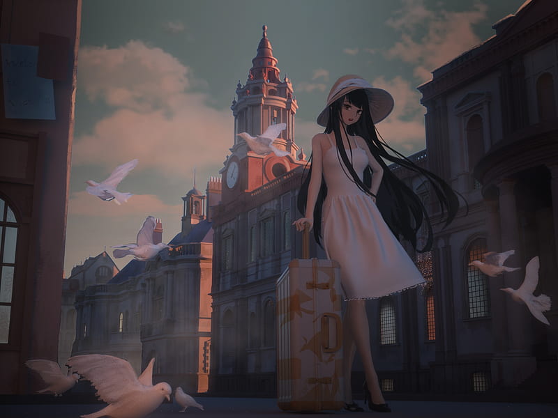 Anime, Original, Bird, City, Girl, Hat, White Dress, HD wallpaper