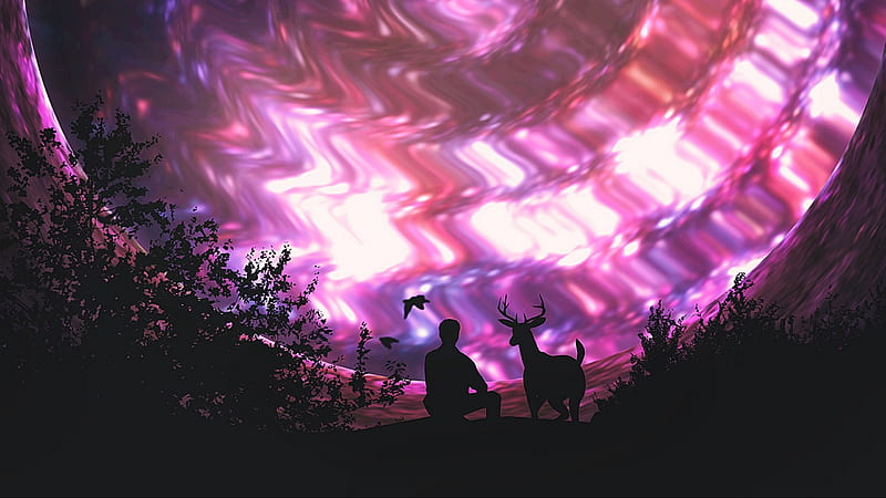 :), fantasy, gregory germany victorin, black, man, sky, pink, silhouette, deer, luminos, HD wallpaper