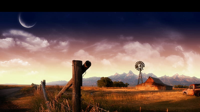 Farmland, fence, windmill, stormy, barn, farm, moon, pick up, rustic, ranch, country, sky, trees, sunsest, farmer, mountains, field, Firefox Persona theme, HD wallpaper