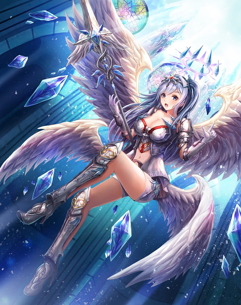 anime, anime girls, armor, wings, long hair, weapon, angel, cyan, blue, HD phone wallpaper