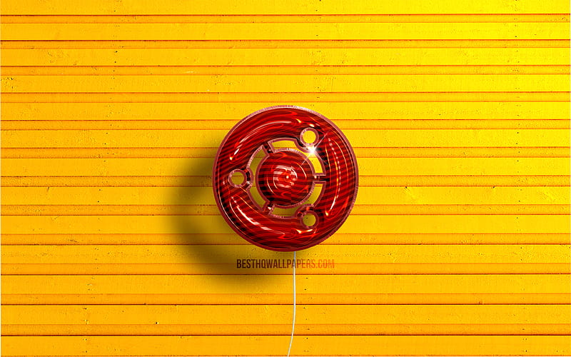 Ubuntu logo red realistic balloons, Linux, Ubuntu 3D logo, yellow wooden backgrounds, Ubuntu, HD wallpaper