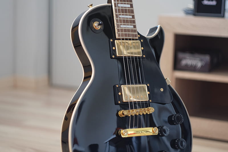 macro shot of black electric guitar, HD wallpaper