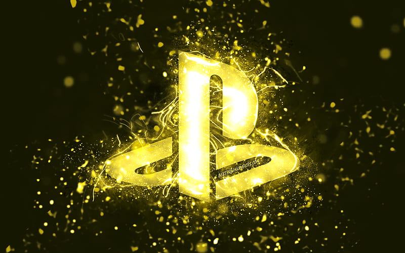 PlayStation yellow logo, yellow neon lights, creative, yellow abstract background, PlayStation logo, PlayStation, HD wallpaper