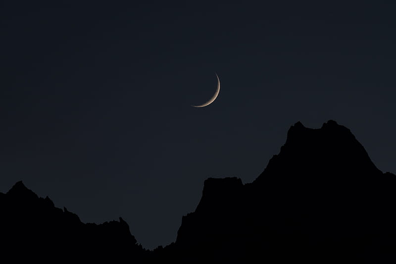 moon, mountains, night, sky, full moon, crescent, HD wallpaper