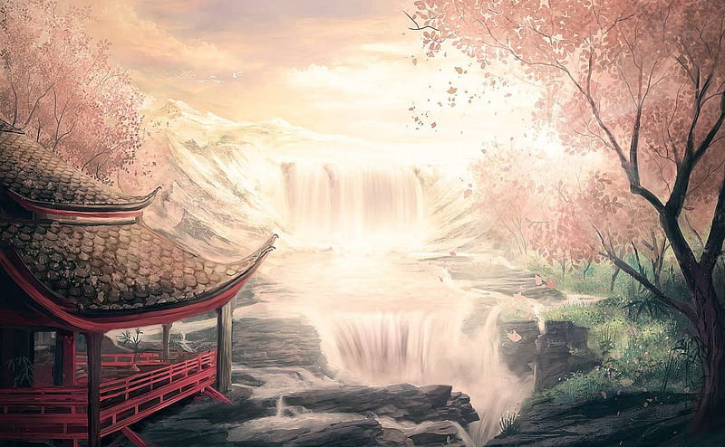 Waterfall in a morning spring, red, bloom, fantasy, anime, painting, waterfall, morning, korean, pink, art, view, japanese, manga, spring, Park Jae Cheol, flower, asian, chinese, castle, HD wallpaper
