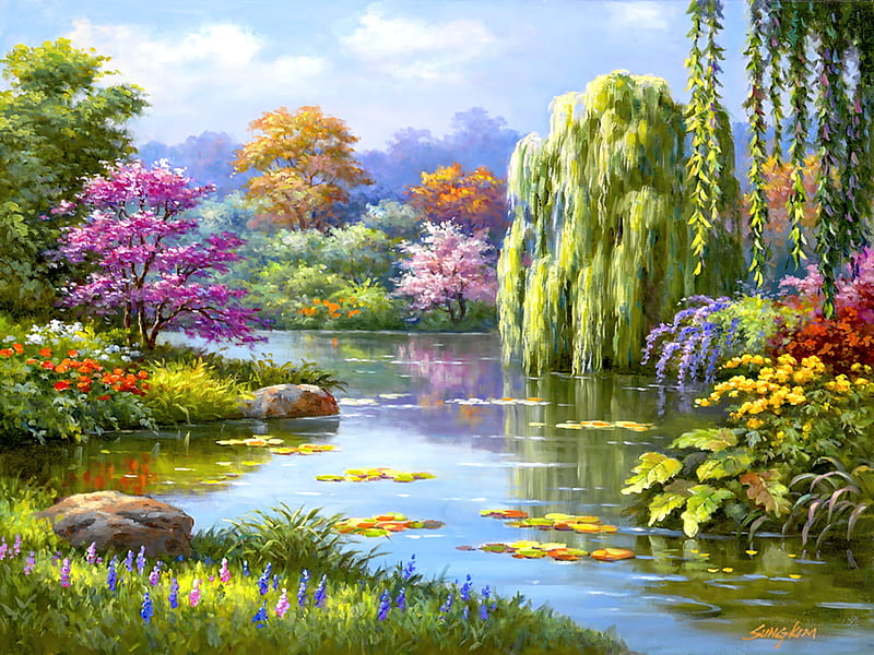 Spring hidden pond, art, Sung Kim, bonito, park, spring, pond, willow, garden, painting, reflections, hidden, HD wallpaper