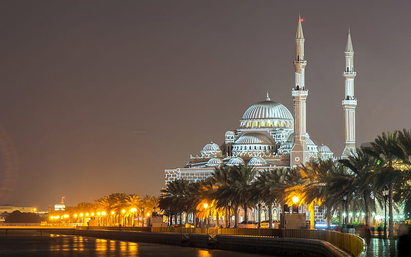 Al Noor Mosque, Sharjah, United Arab Emirates, night, lights, beautiful mosque, Ottoman architecture, minarets, HD wallpaper