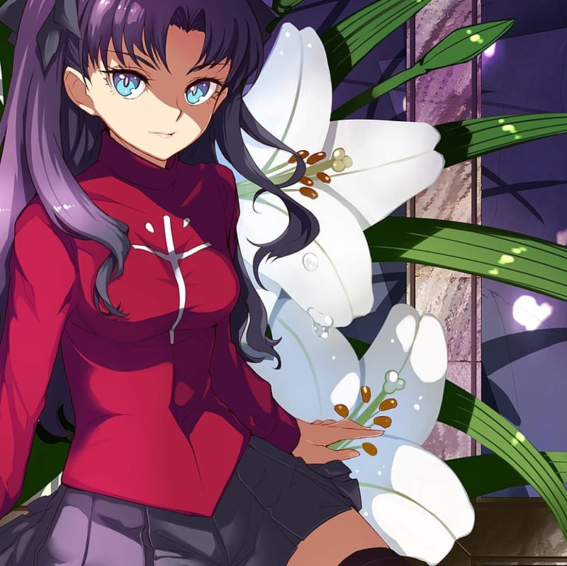 Tohsaka Rin, pretty cg, floral, sweet, blossom, nice, fate stay night, anime, beauty, anime girl, long hair, rin tohsaka, female, lovely, girl, rin, beuatiful, flower, tohsaka, HD wallpaper