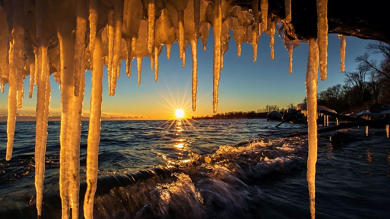 Icicles at Sunset, Lake Ontario, water, sun, ice, sky, frosty, canada, HD wallpaper
