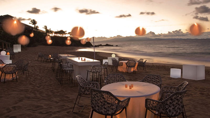 Dinner by Candlelight on the Beach at sun set, polynesia, dinner, sun, dusk, sunset, twilight, sea, atmospheric, atmosphere, beach, sand, two, evening, table, torches, exotic, islands, ocean, hawaii, set, candles, fire, paradise, island, tropical, hawaiian, HD wallpaper