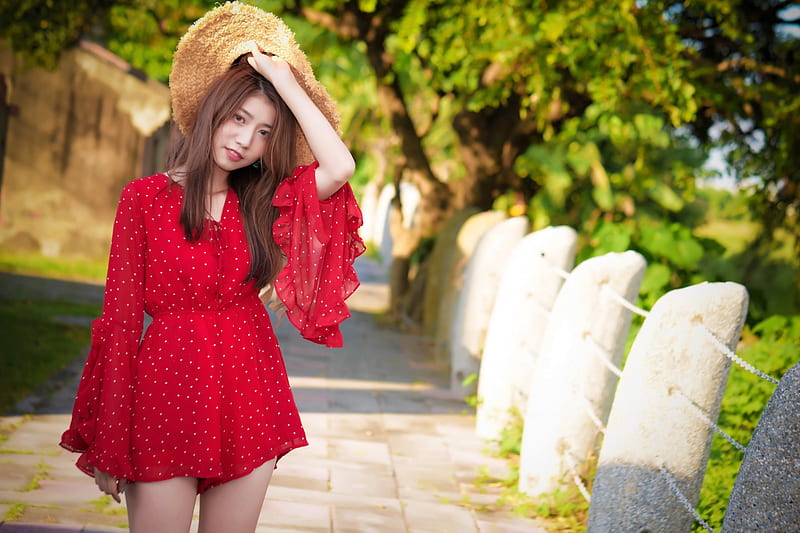 Model in a Red Polka Dot Dress, model, dress, asian, brunette, hat, HD wallpaper