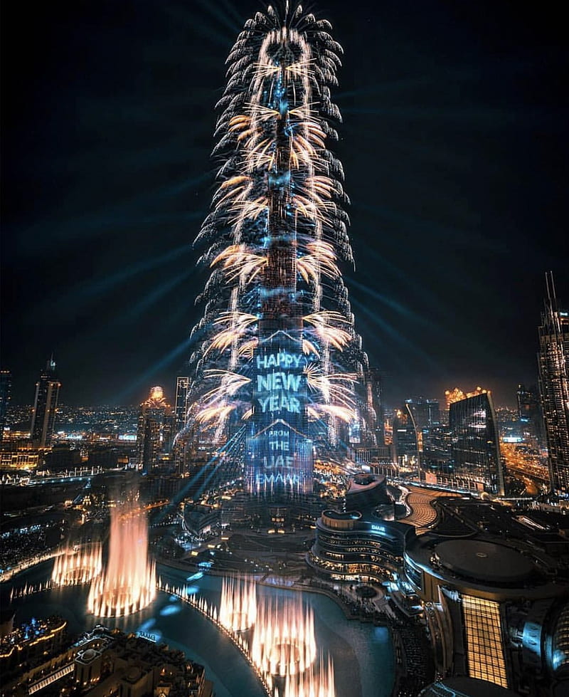 Happy New Year, new year 2020, dubai, fireworks, dubai expo 2020, burj khalifa, buildings, building, lightning, HD phone wallpaper