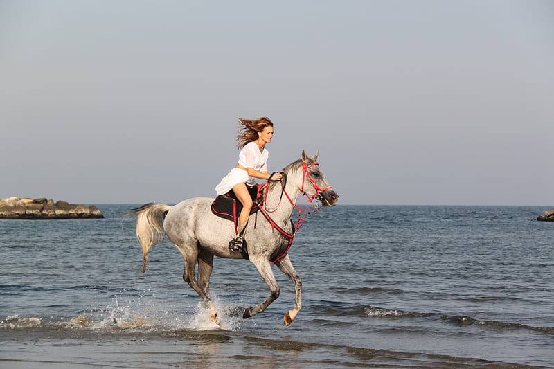 Afternoon Ride, brunette, beach, rocks, water, cowgirl, boots, ocean, horse, HD wallpaper