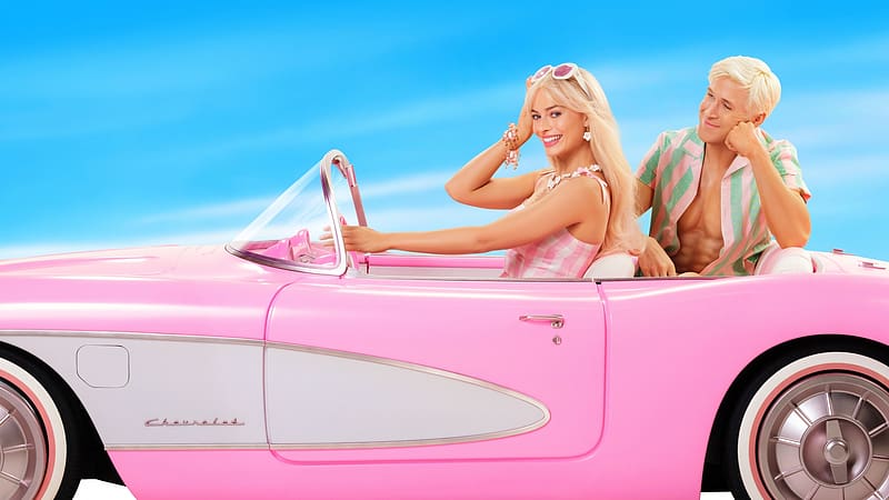 Barbie 2023, afis, pink, car, movie, poster, barbie, ryan gosling, margot robbie, HD wallpaper