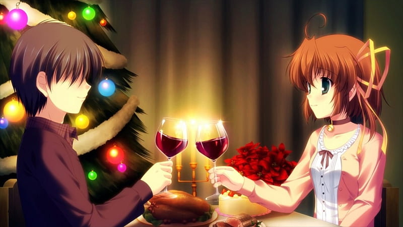 Date Before Christmas, date, christmas tree, guy, glasses, anime, love, handsome, hot, anime girl, couple, light, night, candle, female, male, romantic, romance, christmas, wine, sexy, cute, tree, boy, red wine, cool, girl, merry christmas, lover, HD wallpaper
