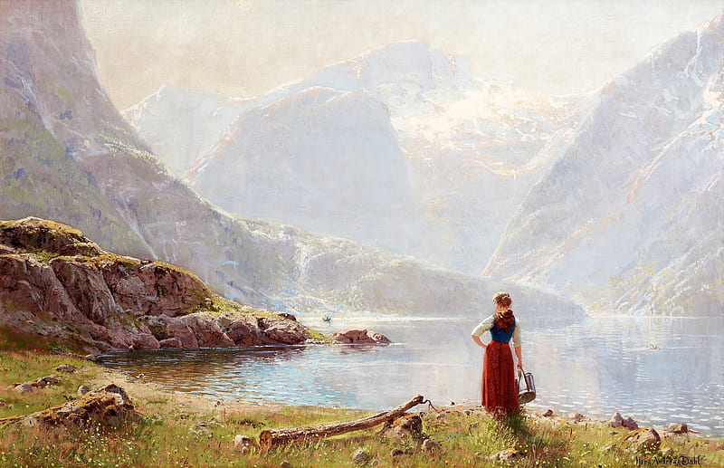 lake, mountain, vara, water, girl, painting, summer, pictura, hans dahl, HD wallpaper