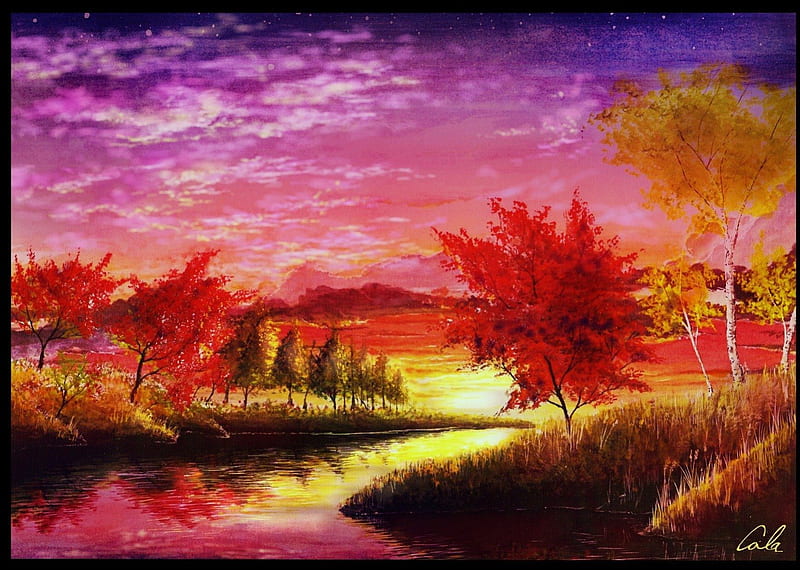 Autumn, red, orange, yellow, sky, tree, water, purple, by cola, pink ...