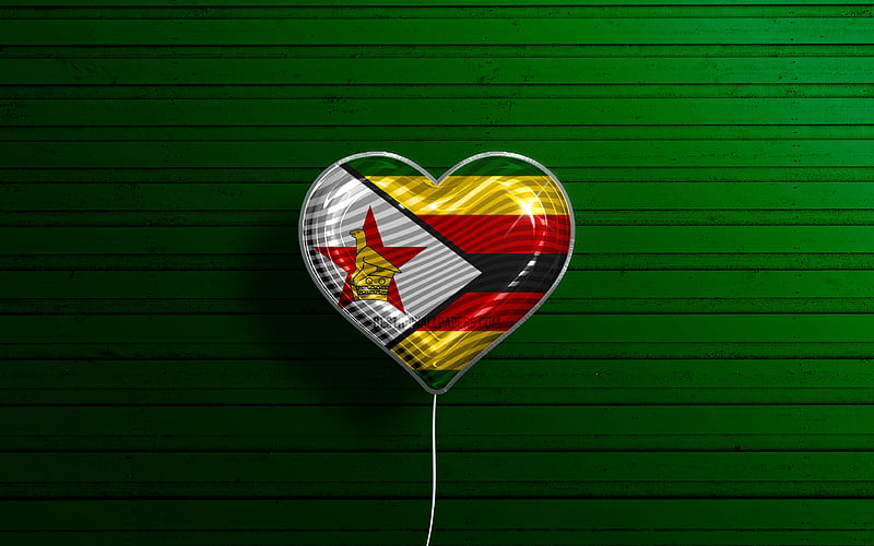 I Love Zimbabwe realistic balloons, green wooden background, African countries, Zimbabwean flag heart, favorite countries, flag of Zimbabwe, balloon with flag, Zimbabwean flag, Zimbabwe, Love Zimbabwe, HD wallpaper
