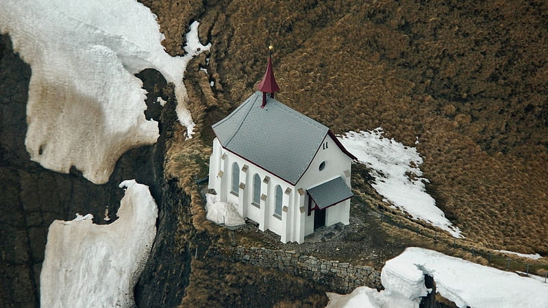 little white chapel on a cliff, cliff, chapel, white, winter, HD wallpaper